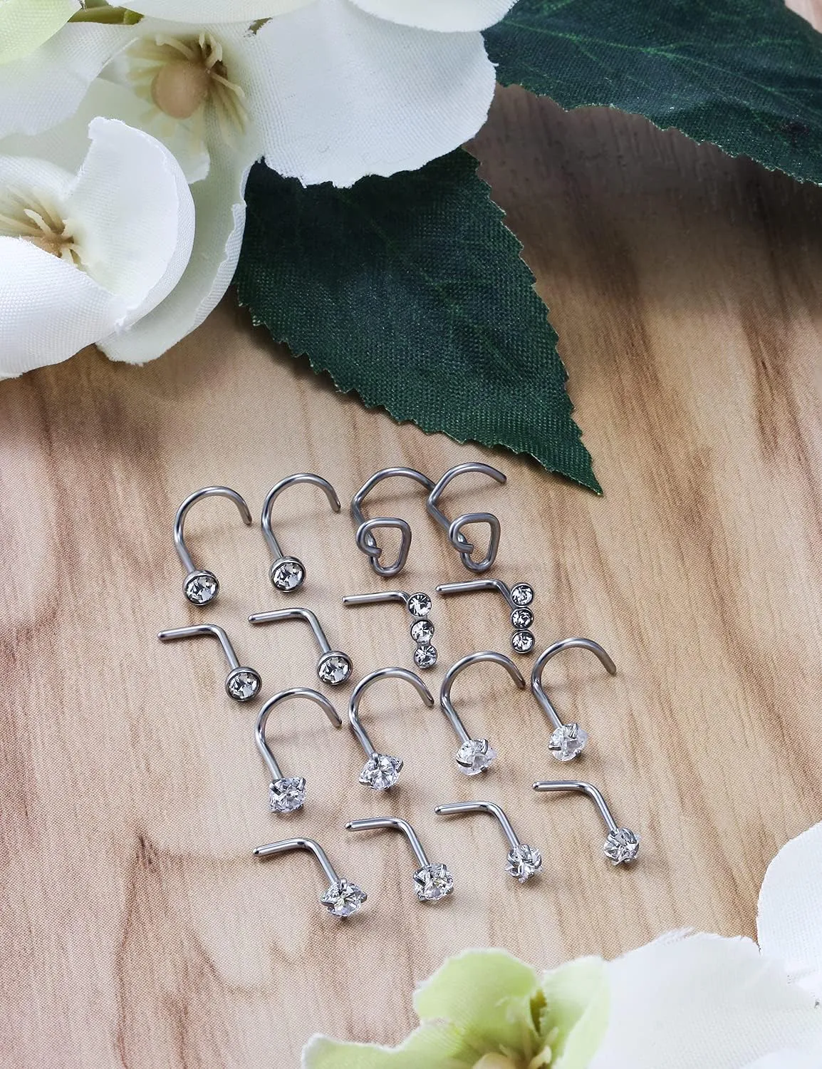 18G 20G Nose Rings Studs Stainless Steel L Shaped Screw Nose Rings Hypoallergenic Cubic Zirconia Nostril Nose Piercing Jewelry for Women Men Silver