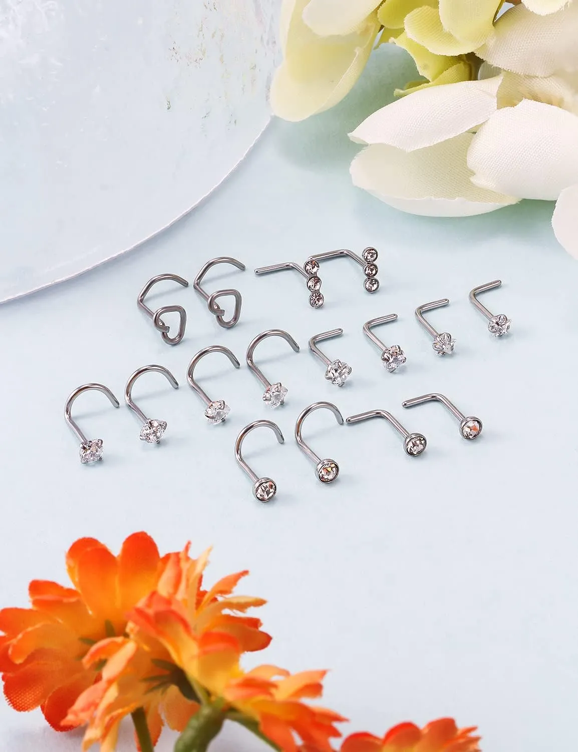 18G 20G Nose Rings Studs Stainless Steel L Shaped Screw Nose Rings Hypoallergenic Cubic Zirconia Nostril Nose Piercing Jewelry for Women Men Silver