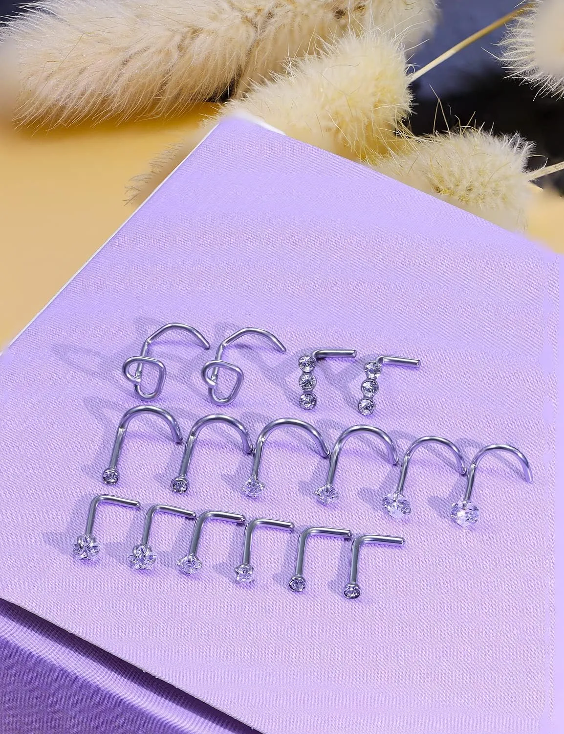18G 20G Nose Rings Studs Stainless Steel L Shaped Screw Nose Rings Hypoallergenic Cubic Zirconia Nostril Nose Piercing Jewelry for Women Men Silver