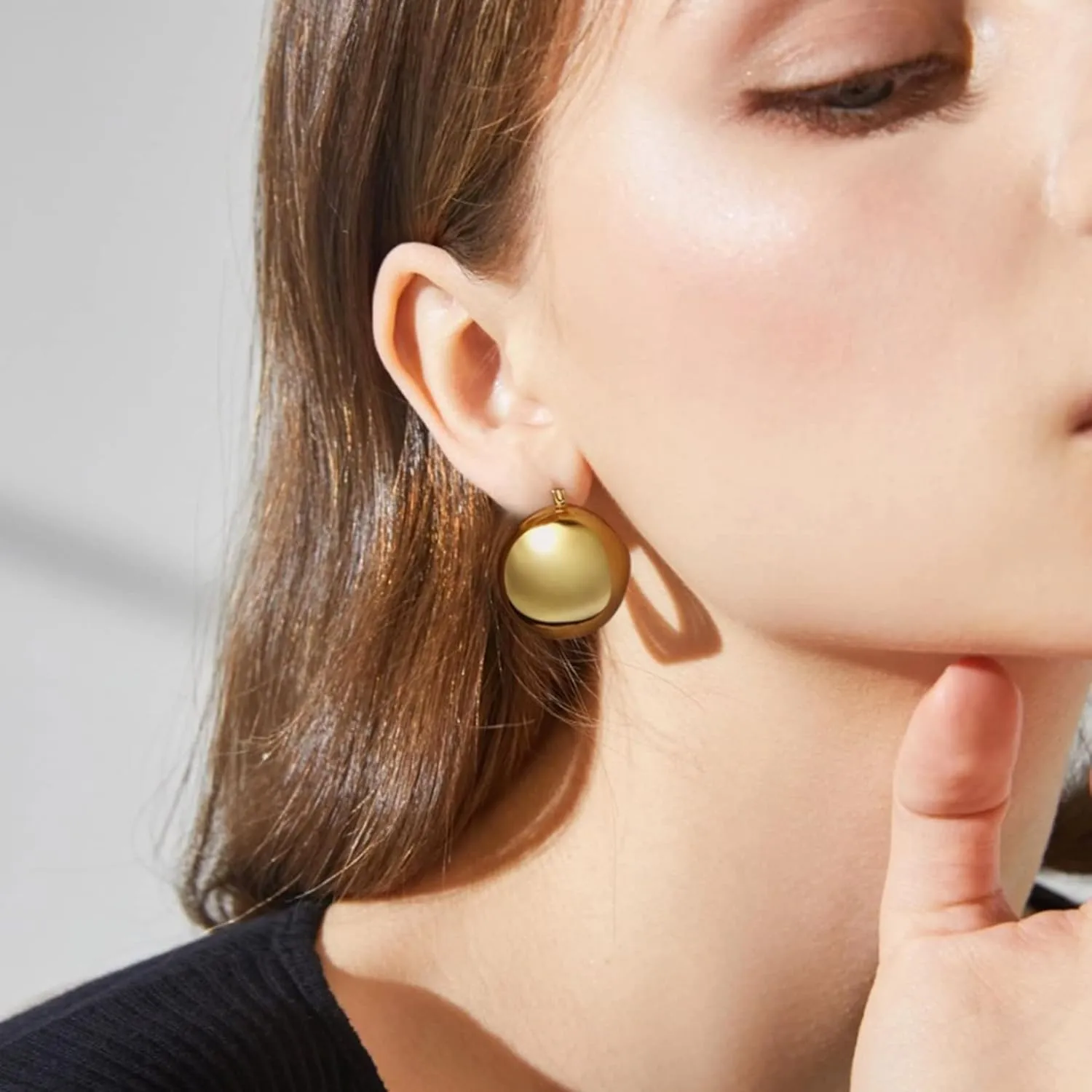 18K Gold Plated Ball Earrings for Women, 3D High Polished Glossy Hollow Sphere Chunky Gold Earrings, Statement Drop Dangle Earrings