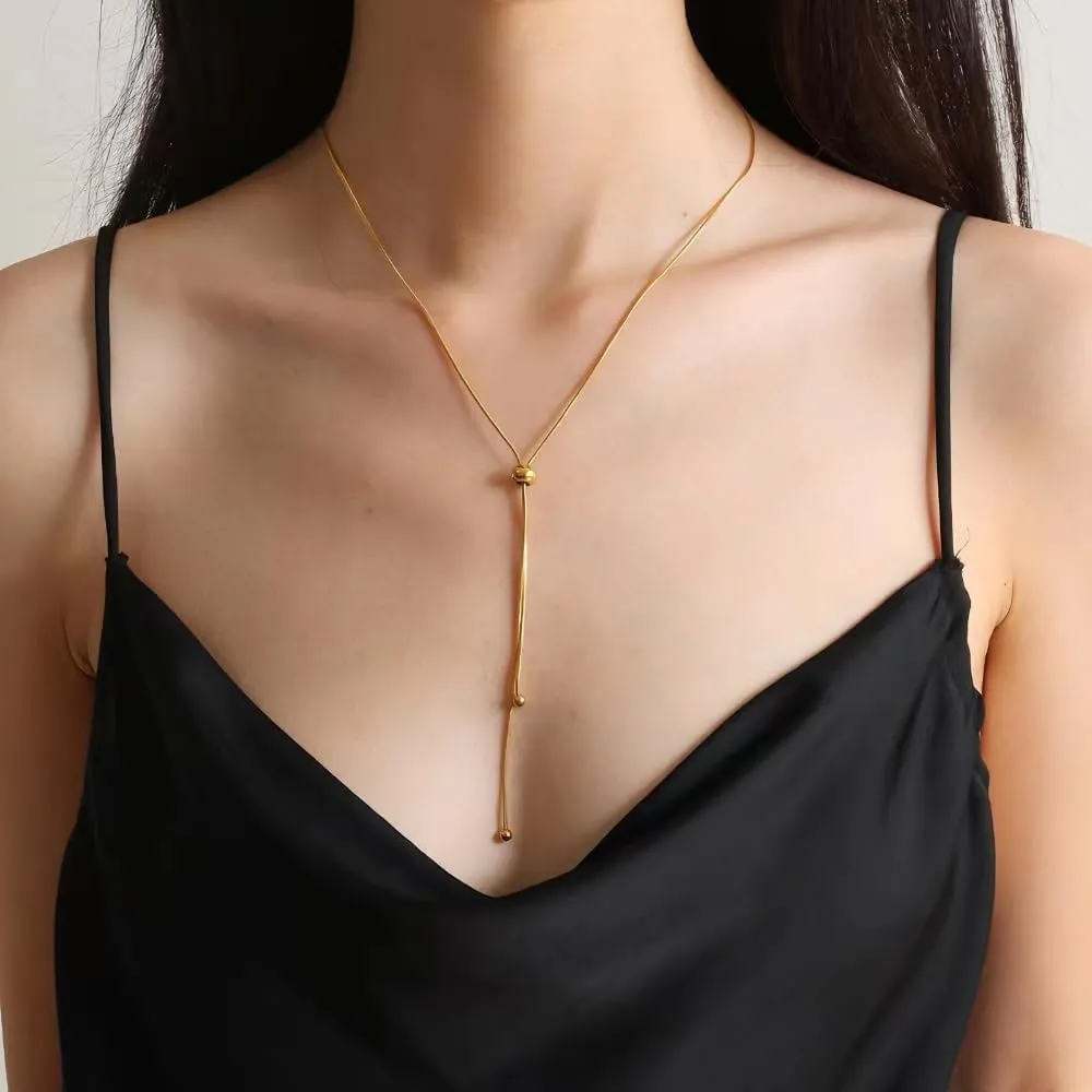 18K Gold Plated Bead Choker Necklace for Women,316L Titanium Steel Adjustable Y Necklace Trendy Jewelry Gifts for Women.