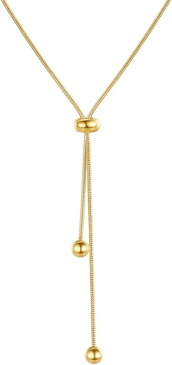 18K Gold Plated Bead Choker Necklace for Women,316L Titanium Steel Adjustable Y Necklace Trendy Jewelry Gifts for Women.