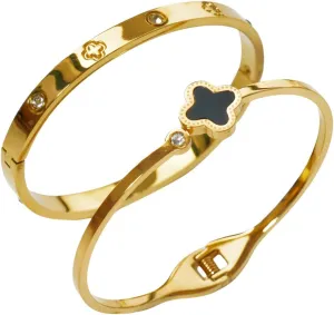 18K Gold Plated Clover Lucky Bracelet for Women,Stackable Friendship Love Stainless Steel Bangle Set, Trendy Cute Jewelry For Friend Mom And Grandma