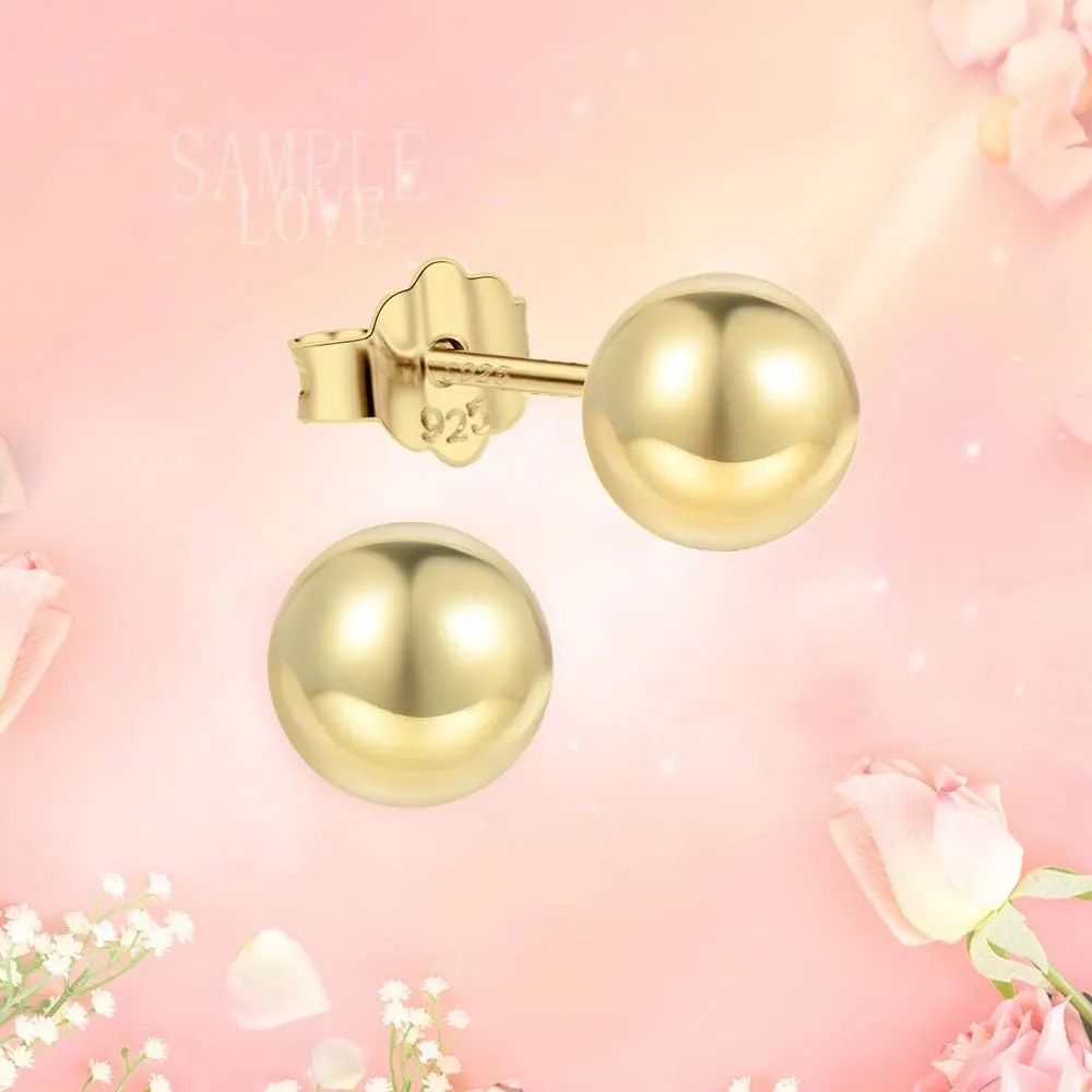 18K Gold Plated Sterling Silver Ball Stud Earrings 3mm-10mm Options, Simple Polished Ball Studs Hypoallergenic Jewelry
