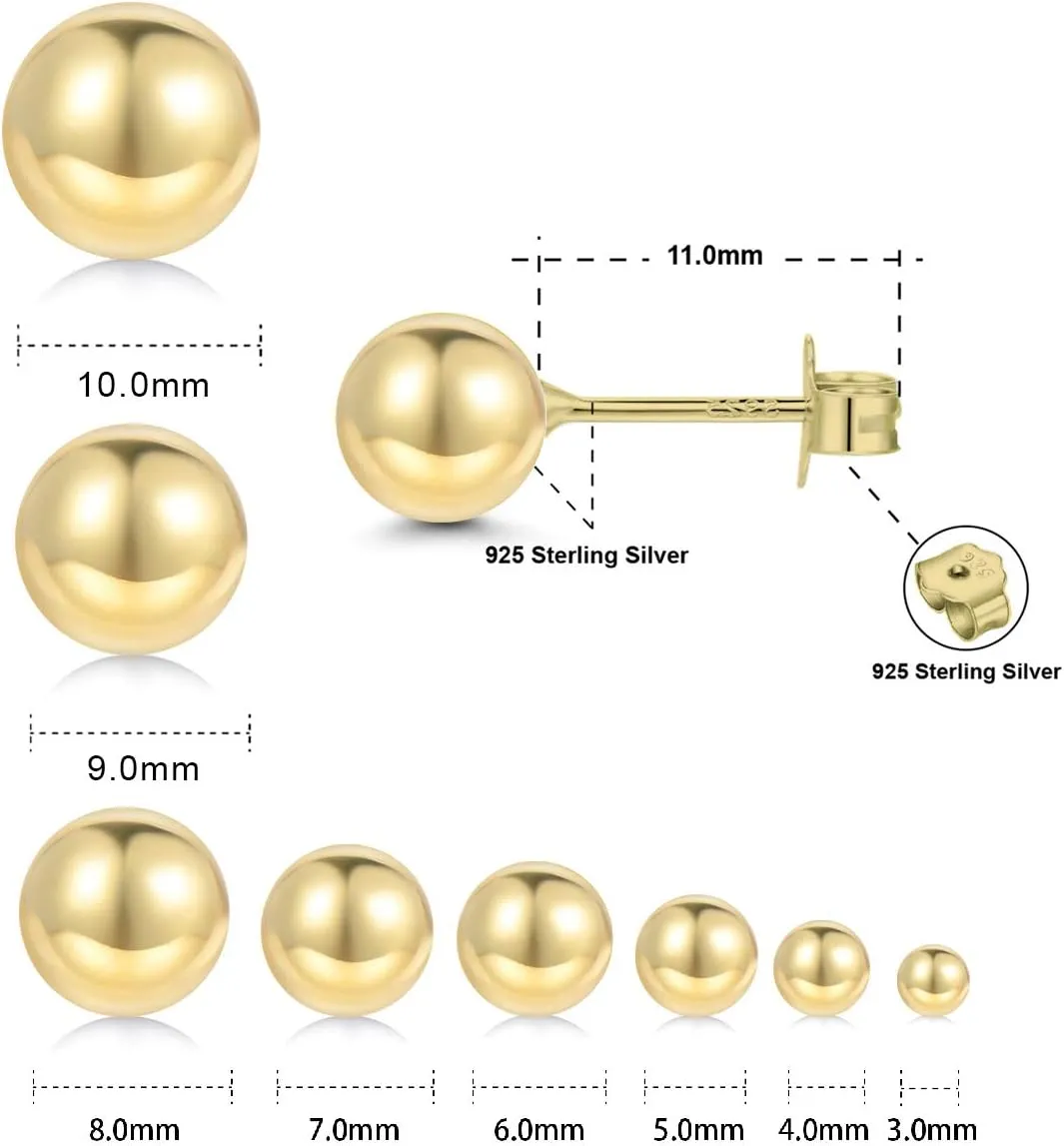18K Gold Plated Sterling Silver Ball Stud Earrings 3mm-10mm Options, Simple Polished Ball Studs Hypoallergenic Jewelry