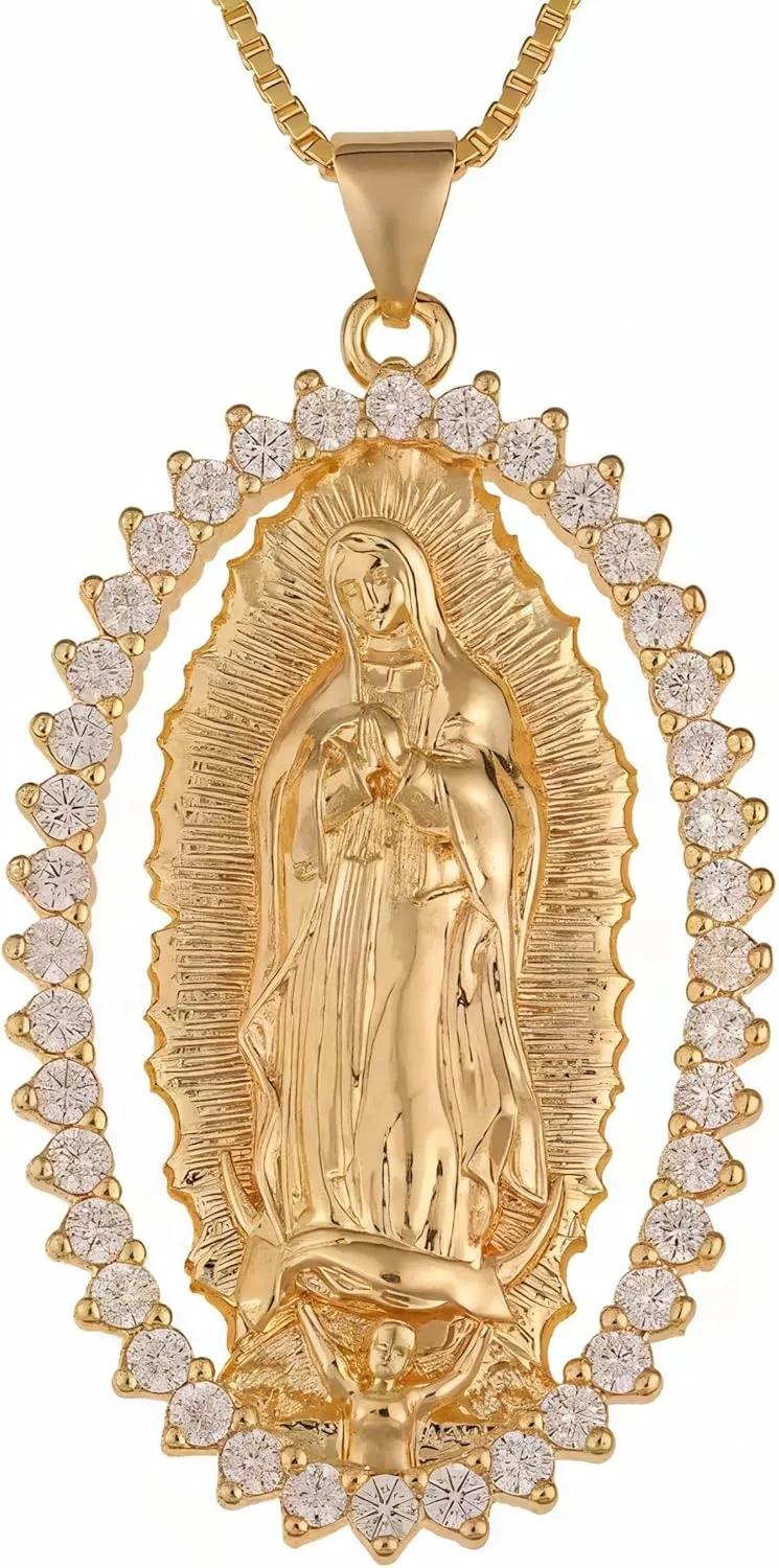 18k Gold-Plated Virgin Mary Pendant Necklace with Crystals  Elegant Religious Jewelry