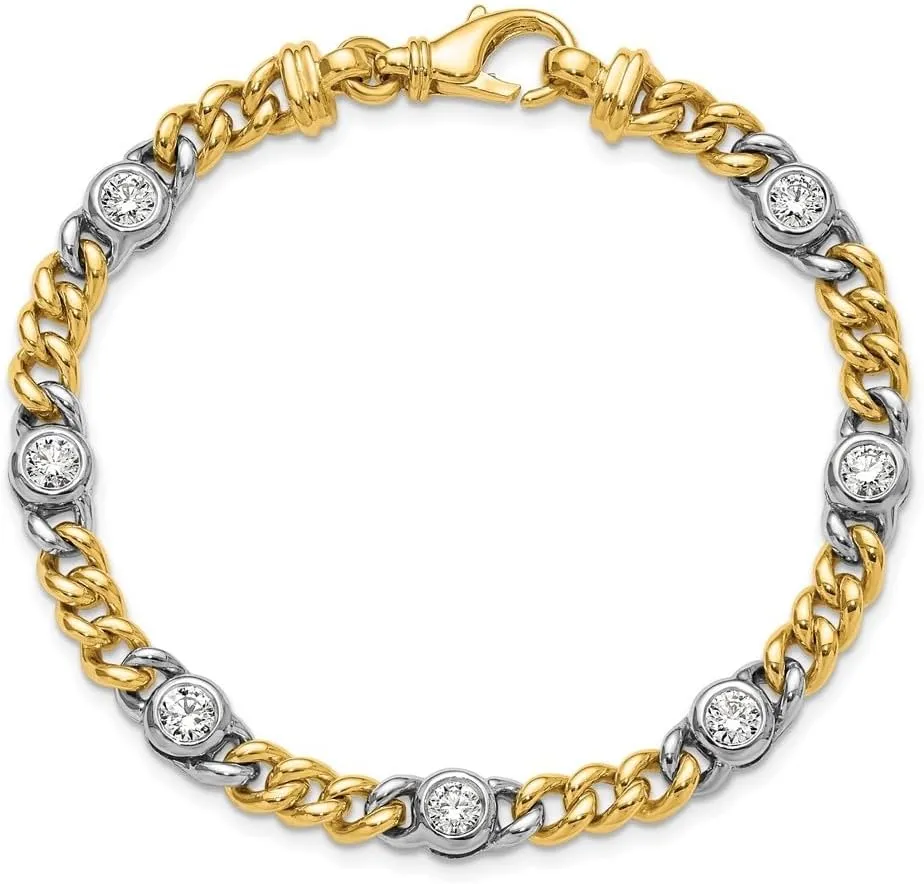 18K Gold Polished Diamond Station Curb Chain Bracelet 7.5"