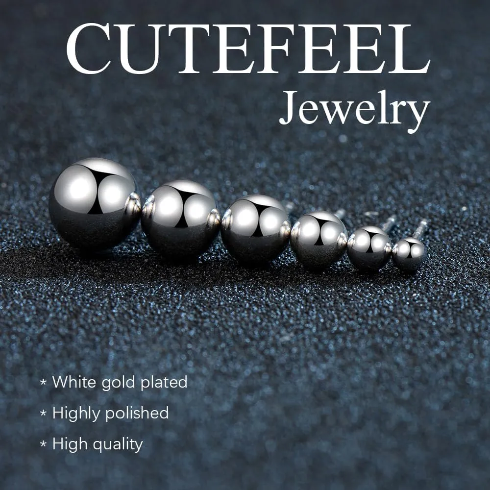 18K White Gold Plated Sterling Silver Ball Stud Earrings 3mm-10mm Options, Simple Polished Ball Studs Hypoallergenic Jewelry