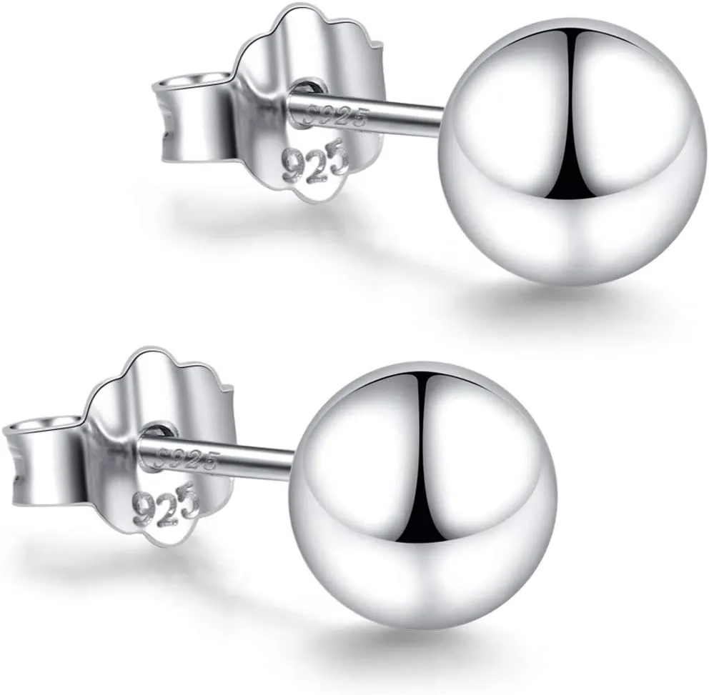 18K White Gold Plated Sterling Silver Ball Stud Earrings 3mm-10mm Options, Simple Polished Ball Studs Hypoallergenic Jewelry