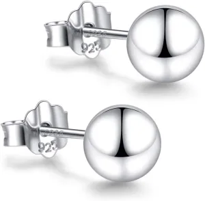 18K White Gold Plated Sterling Silver Ball Stud Earrings 3mm-10mm Options, Simple Polished Ball Studs Hypoallergenic Jewelry