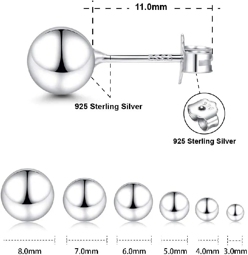 18K White Gold Plated Sterling Silver Ball Stud Earrings 3mm-10mm Options, Simple Polished Ball Studs Hypoallergenic Jewelry