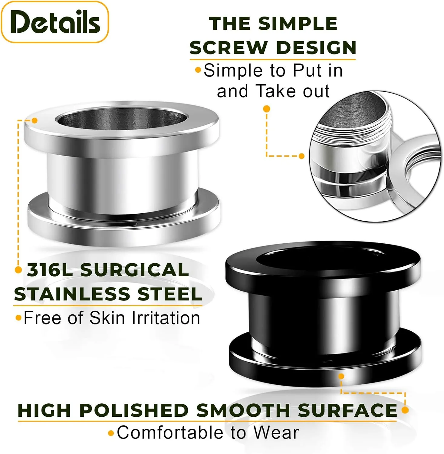 2 Pairs Polished 316L Surgical Steel Black Anodized Screw Flesh Tunnels Piercing Jewelry Ear Stretching Lobe Plugs Earring