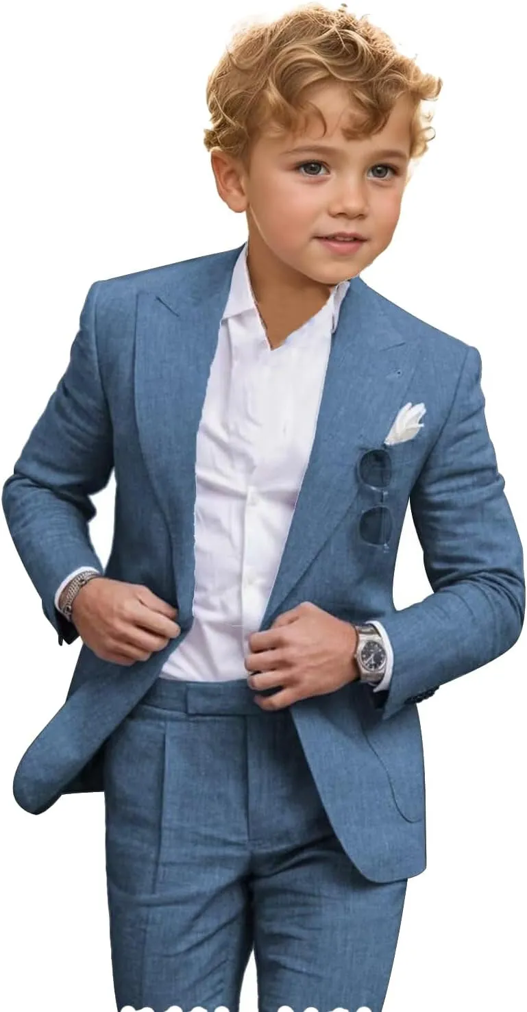 2 Piece Linen Suits for Boys Summer Beach Wedding Suit Boy Ring Bearer Outfit Casual Tuxedo