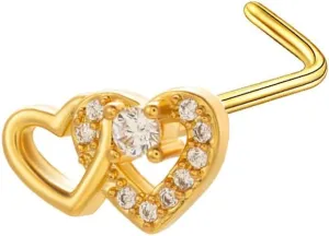 20G Double Heart L-Shaped Nose Rings for Women 316L Surgical Steel CZ Love Heart Nose Studs Rings Dainty L Bend Nose Nostril Piercing Jewelry