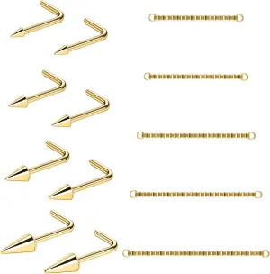 20G Spike Nose Rings Studs with Chains Stainless Steel Spike Nostril Ring Stud Chain Black Rook Corkscrew Ring L-Shaped Nose Piercing Jewelry Nose Piercing Stud Lip Piercing Jewelry Black Silver Gold