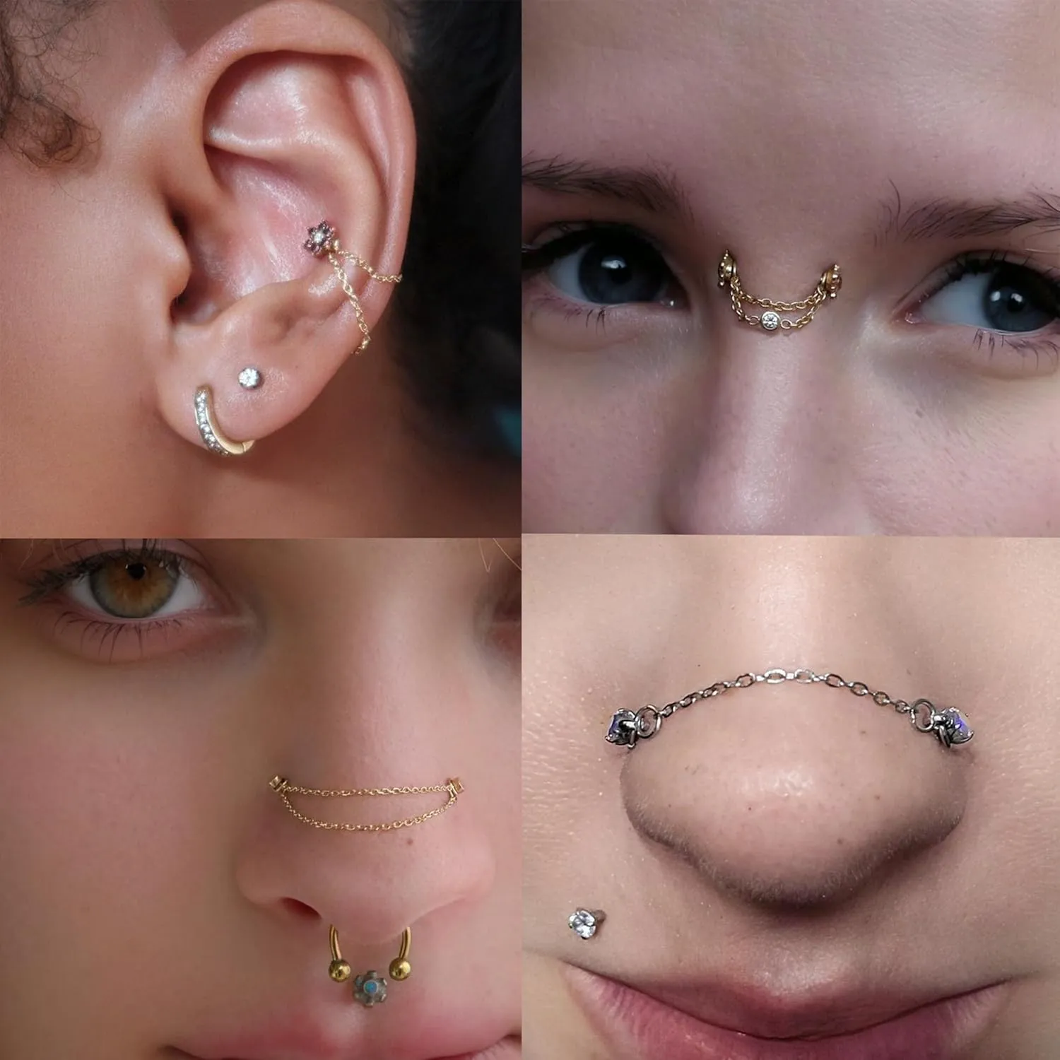 20G Spike Nose Rings Studs with Chains Stainless Steel Spike Nostril Ring Stud Chain Black Rook Corkscrew Ring L-Shaped Nose Piercing Jewelry Nose Piercing Stud Lip Piercing Jewelry Black Silver Gold