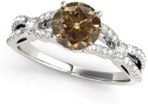 2.30 Carat Round Shape Brown and White Diamond Split Shank Wedding Engagement Ring In 14K White Gold Plated 925 Sterling Silver Gift for Womens