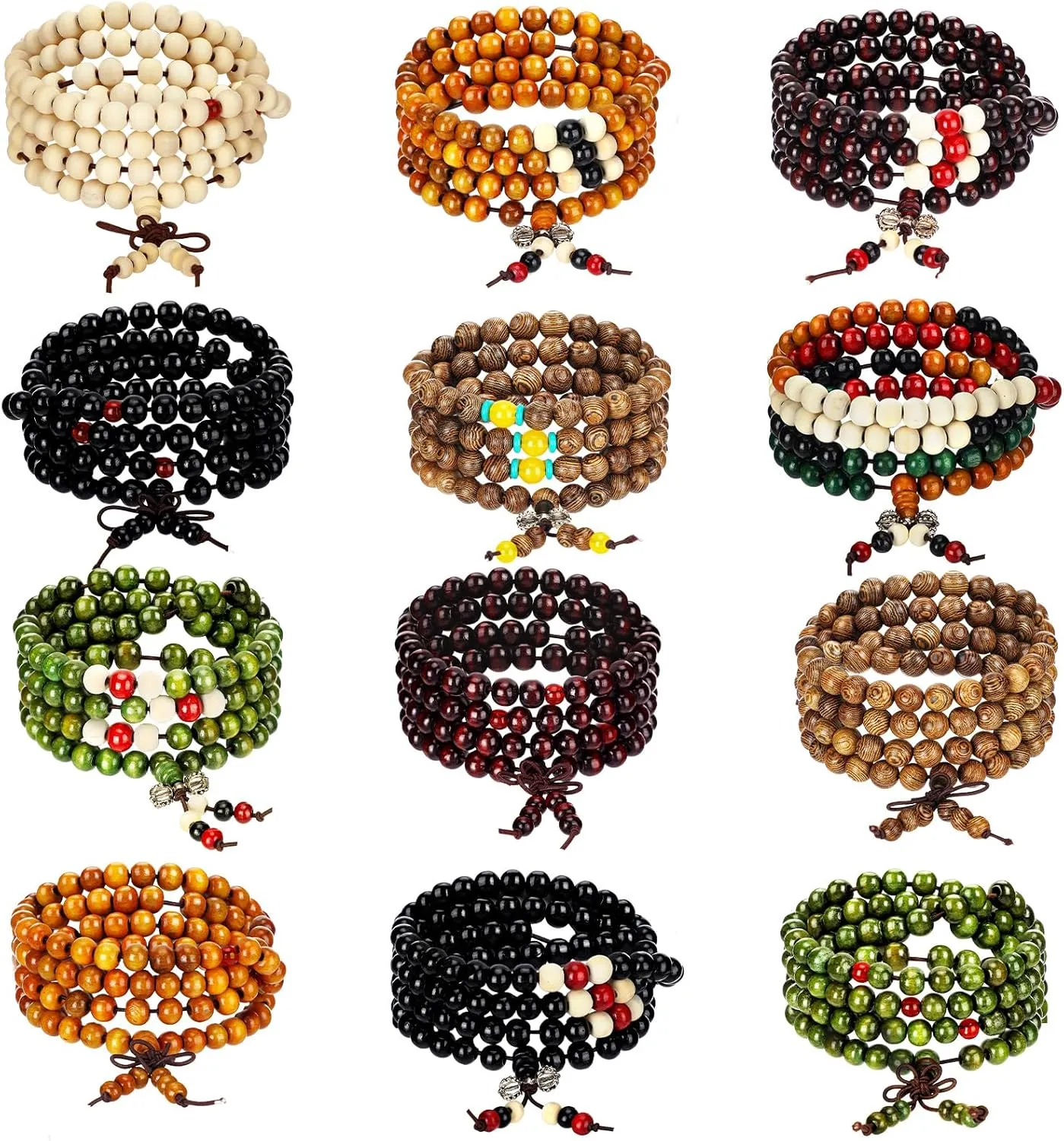 24 Pcs 108 Mala Bead Bracelets 8mm Tibetan Buddha Retractable Wood Beaded Multilayer Sandalwood Wood Bracelets Necklaces Buddhist Prayer Strand Necklace Prayer Gift for Meditation Lovers