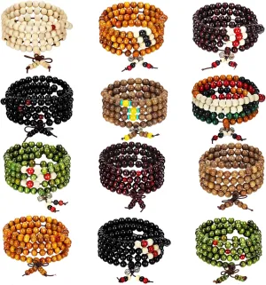 24 Pcs 108 Mala Bead Bracelets 8mm Tibetan Buddha Retractable Wood Beaded Multilayer Sandalwood Wood Bracelets Necklaces Buddhist Prayer Strand Necklace Prayer Gift for Meditation Lovers