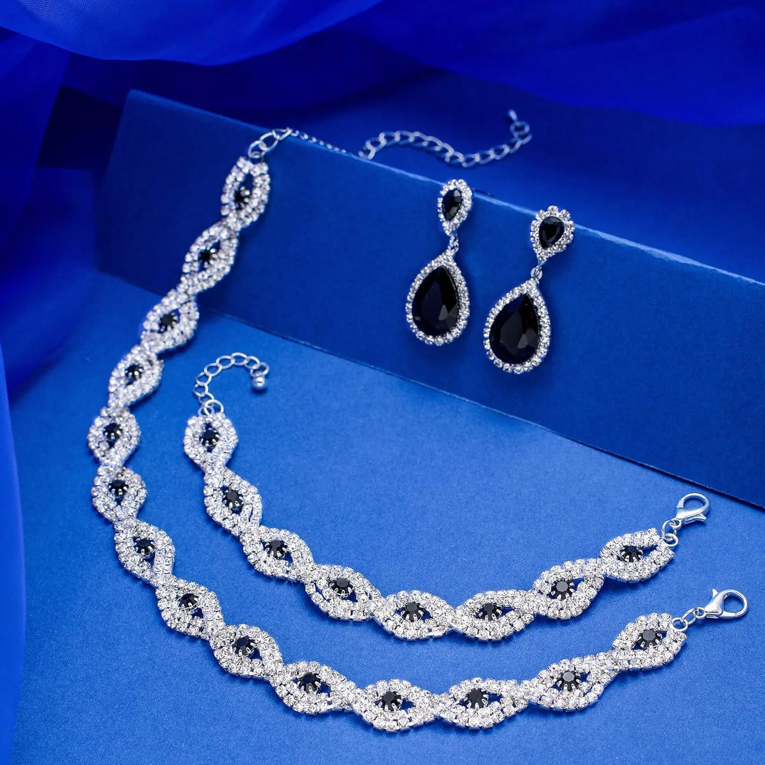 2/4pcs Silver/Gold Plating Wedding Bridal Crystal Teardrop Statement Necklace Tiara Crown Link Bracelet Dangle EarringsJewelry Set for Women