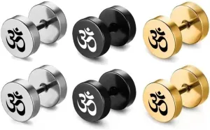 3 Pairs Set Well Polished Om Hinduism Tribal Symbol Stainless Steel Surgical Steel Disc Stud Earrings Screw Flat Back