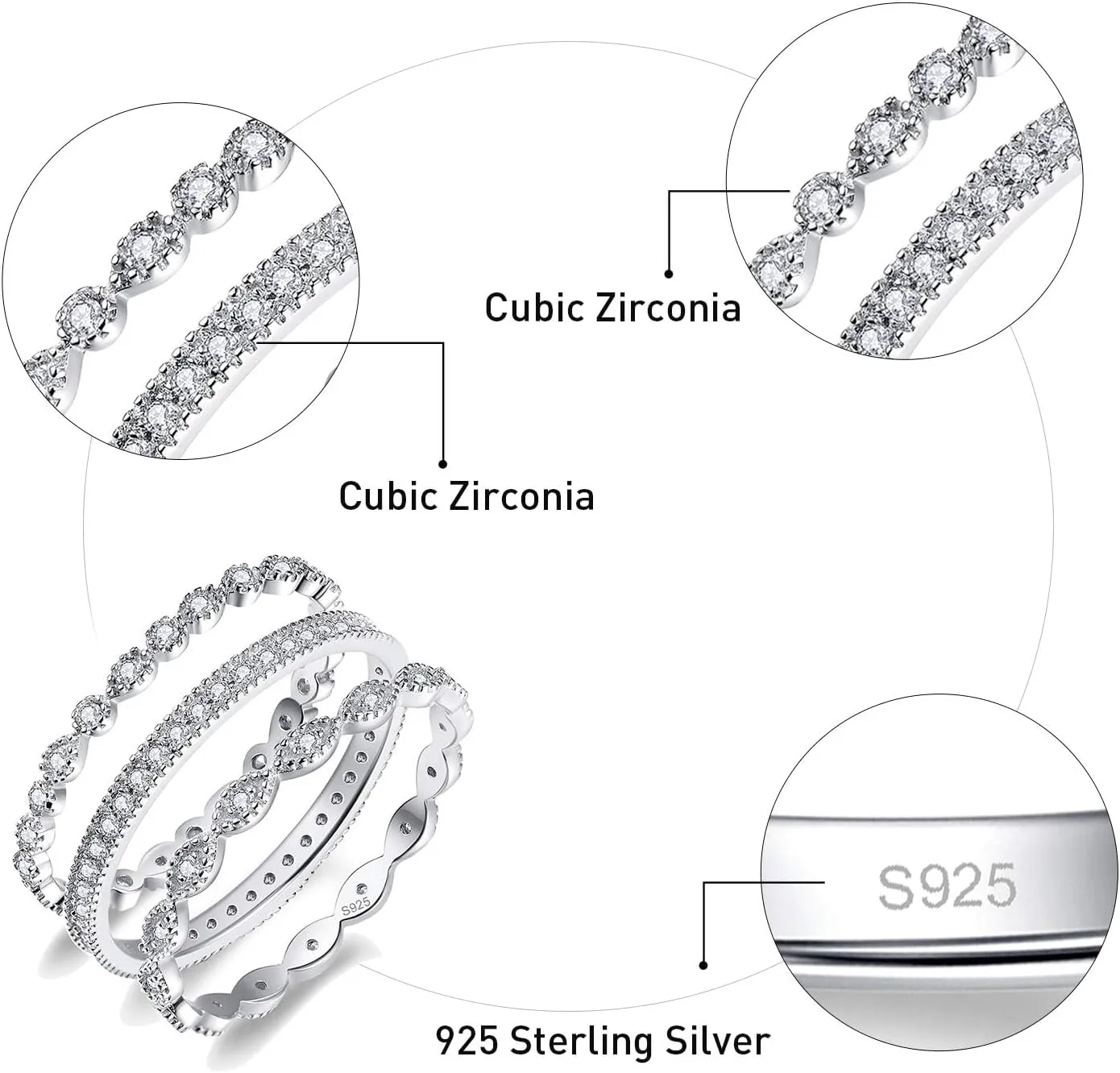 3 PCS 925 Sterling Silver Stackable Engagement Rings Set Cubic Zirconia Eternity Bands Wedding Promise Rings for Women Size 5-10