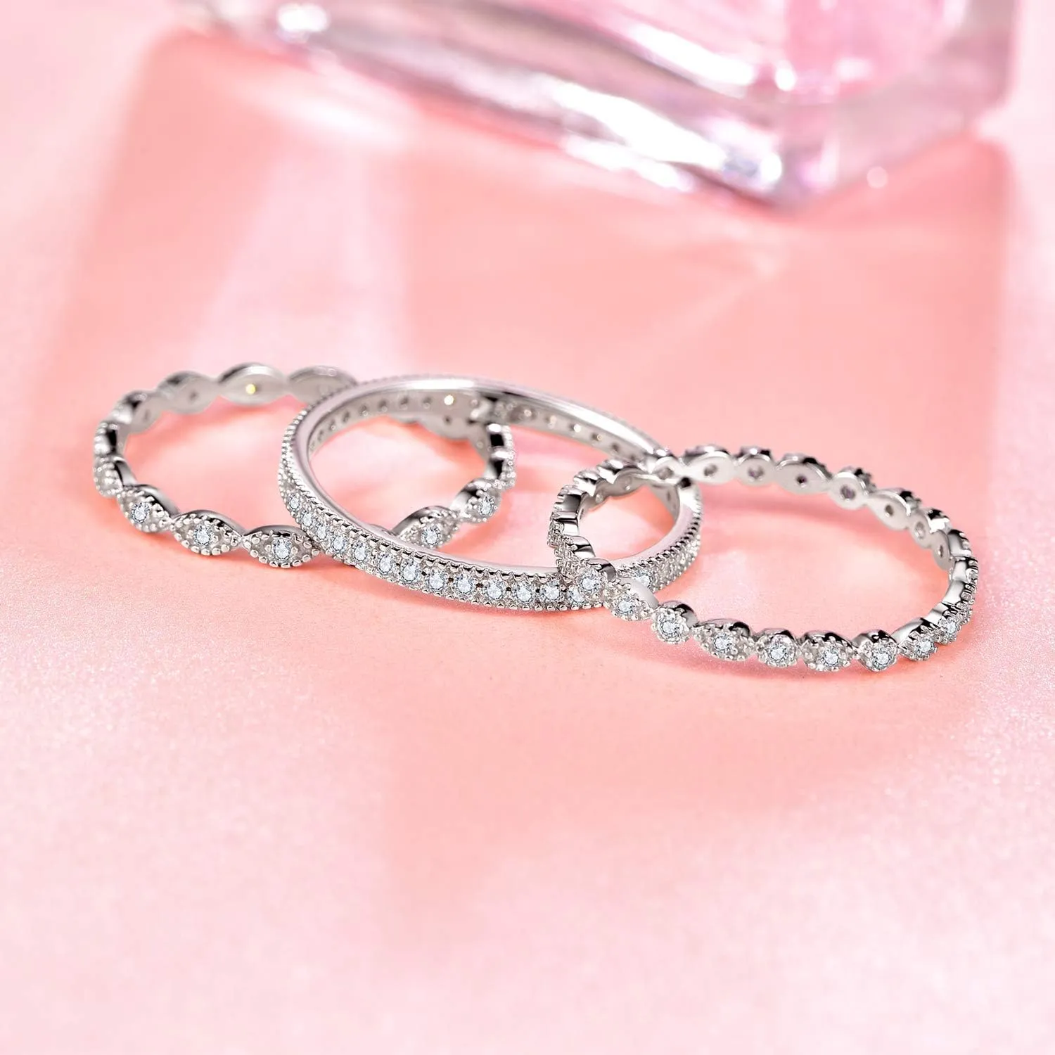 3 PCS 925 Sterling Silver Stackable Engagement Rings Set Cubic Zirconia Eternity Bands Wedding Promise Rings for Women Size 5-10