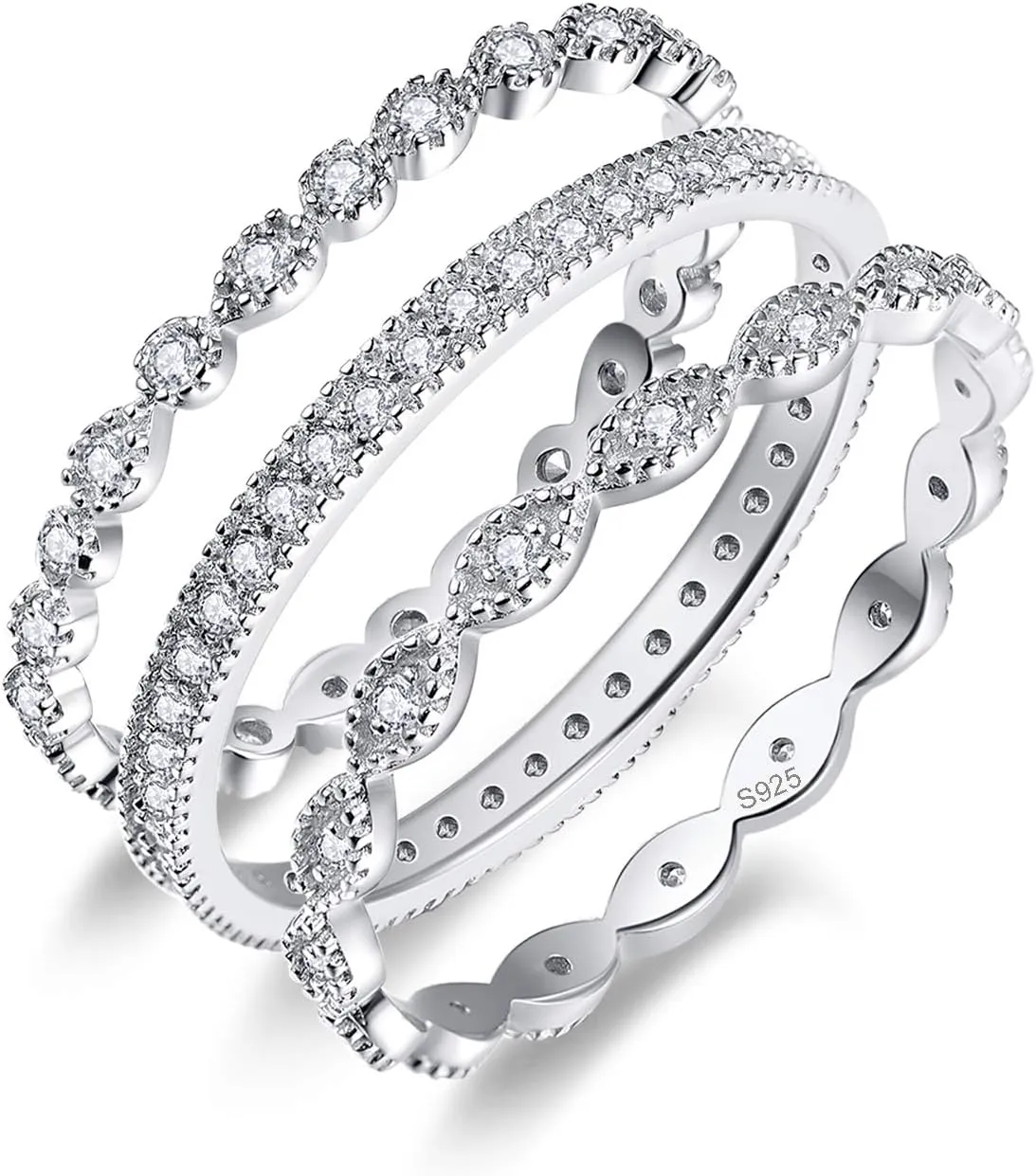 3 PCS 925 Sterling Silver Stackable Engagement Rings Set Cubic Zirconia Eternity Bands Wedding Promise Rings for Women Size 5-10