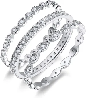 3 PCS 925 Sterling Silver Stackable Engagement Rings Set Cubic Zirconia Eternity Bands Wedding Promise Rings for Women Size 5-10