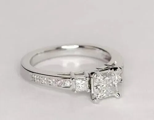 3.00Ct Princess Cut Lab Created White Diamond Solitaire Three Stone Woman's Engagement Ring 14K White Gold Finish