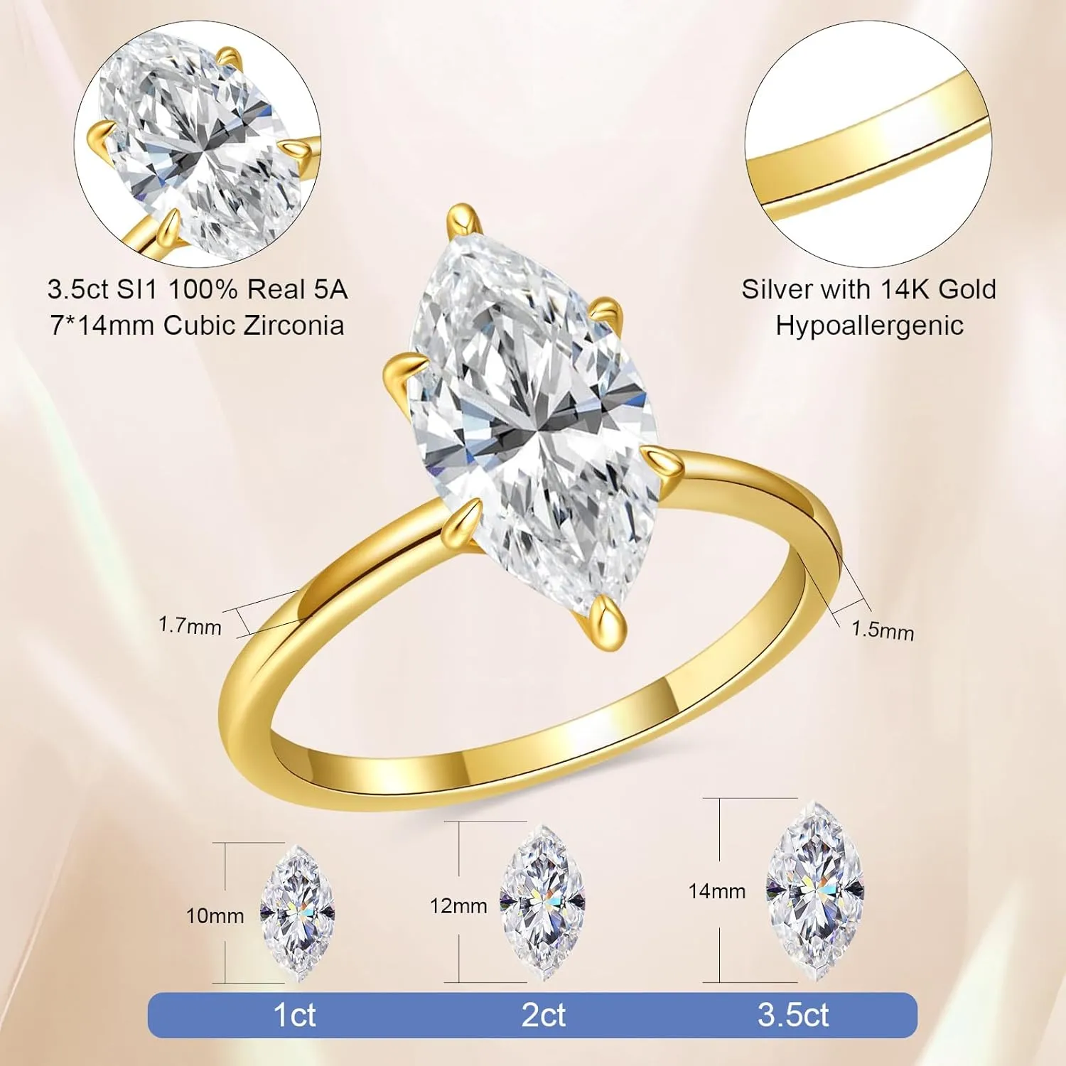 3.5CT Marquise Cut Engagement Ring for Women, Wedding Promise Cubic Zirconia Band, 14K Gold/White Gold Plated Simulated Diamond Rings Size 5-9