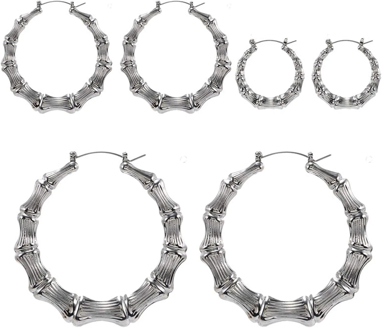 3Pairs Punk Bamboo Big Hoop Earrings for Women Exaggerated Rock 14K Gold Silver Plated Polished Round Circle Geometric Loop Earrings Hip Hop Statement Jewelry Gift