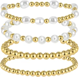 4 Pcs Pearl Gold Bracelet Stack Gold Plated Dainty Gold Pearl Bracelet Stackable Stretch Bead Ball Bracelet Set Bohemian Gold Beaded Bracelets Jewelry Gifts for Women