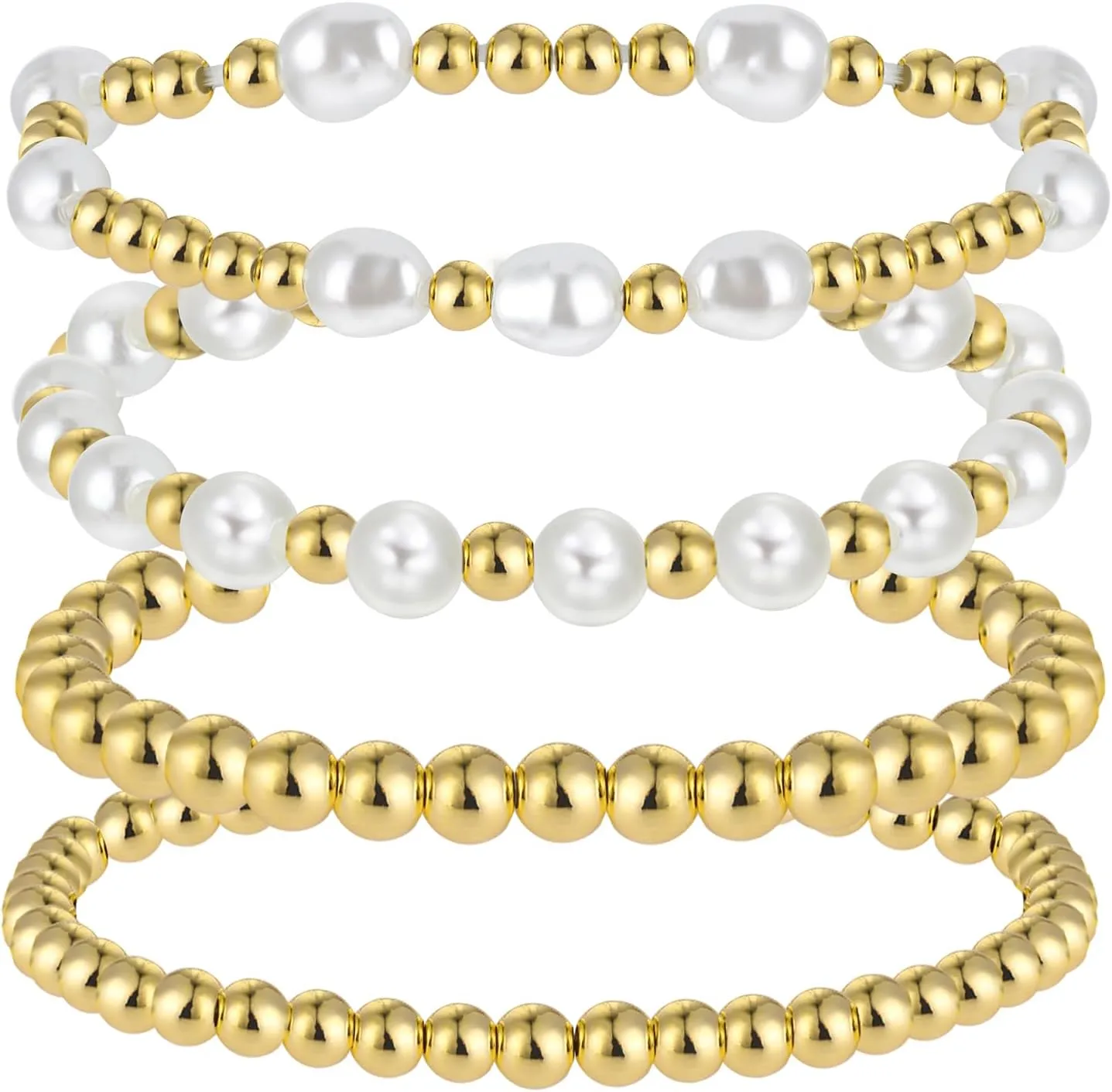 4 Pcs Pearl Gold Bracelet Stack Gold Plated Dainty Gold Pearl Bracelet Stackable Stretch Bead Ball Bracelet Set Bohemian Gold Beaded Bracelets Jewelry Gifts for Women