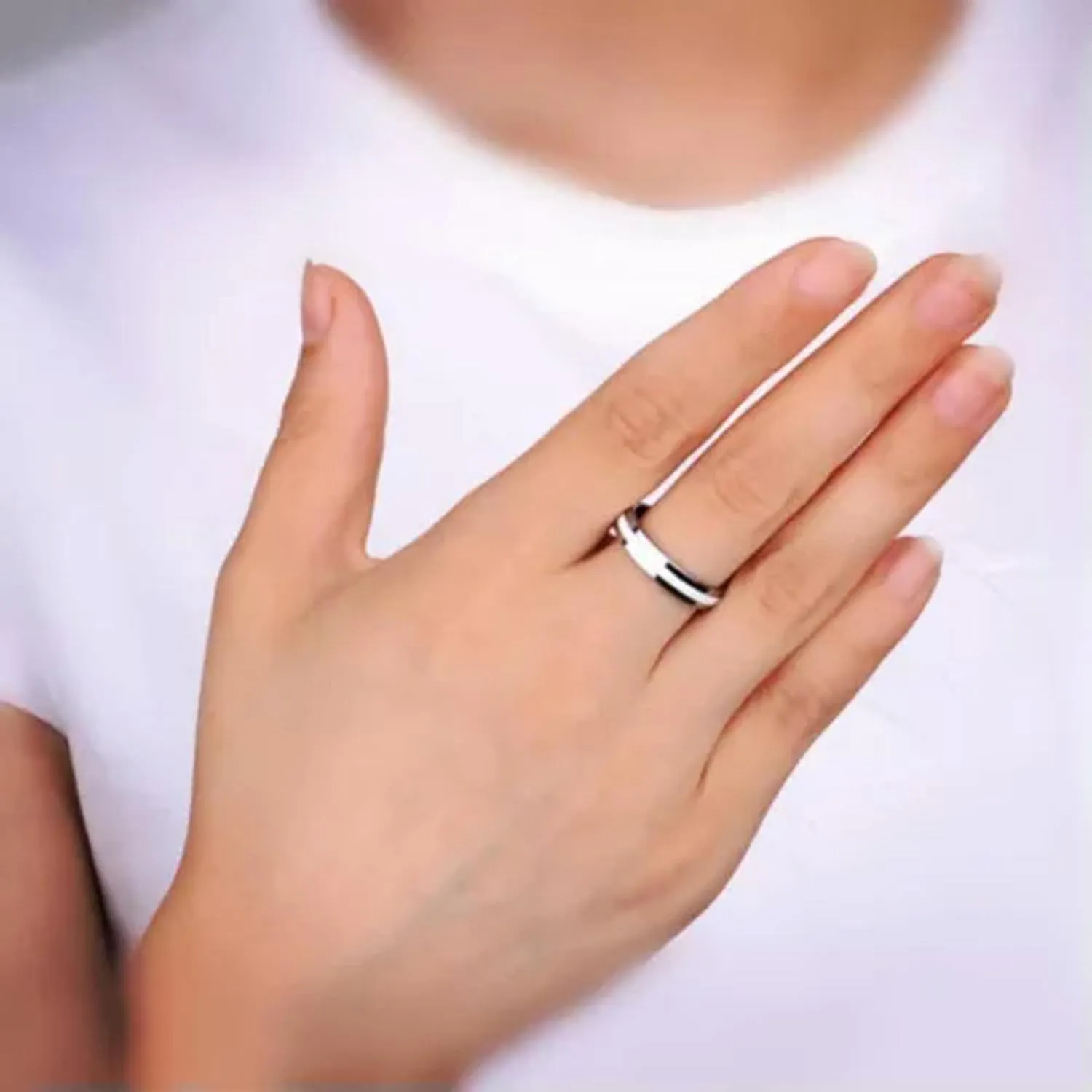 4mm Black&Silver/White&Silver Bands Women Stainless Steel Couple Rings Size 6-12