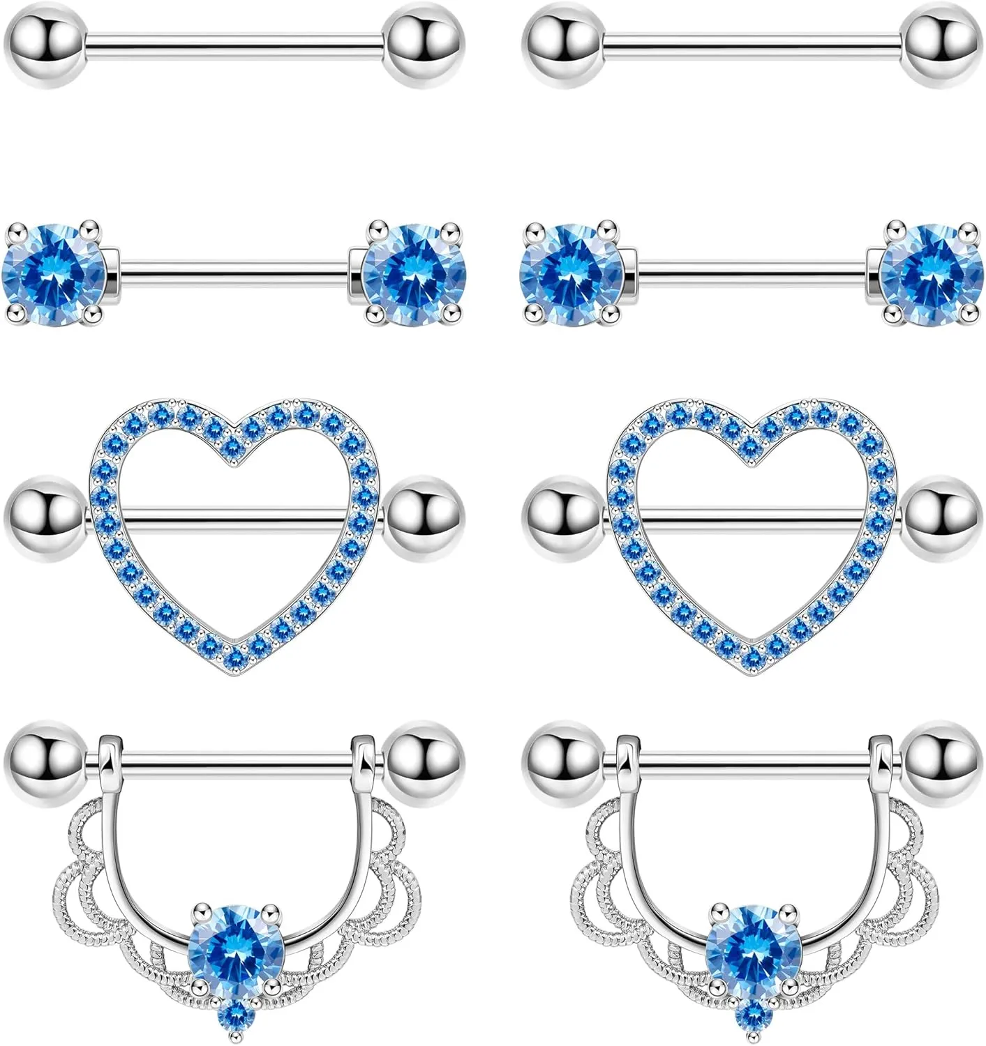 4Pairs 14G G23 Titanium Nipple Rings for Women Heart Flower CZ Barbell Nipplerings Hypoallergenic Cute Nipple Piercing Jewelry