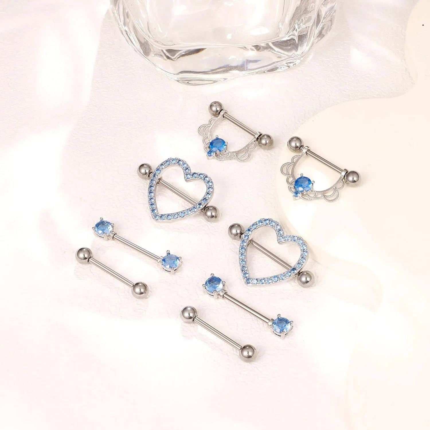 4Pairs 14G G23 Titanium Nipple Rings for Women Heart Flower CZ Barbell Nipplerings Hypoallergenic Cute Nipple Piercing Jewelry