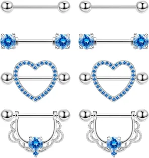 4Pairs 14G G23 Titanium Nipple Rings for Women Heart Flower CZ Barbell Nipplerings Hypoallergenic Cute Nipple Piercing Jewelry