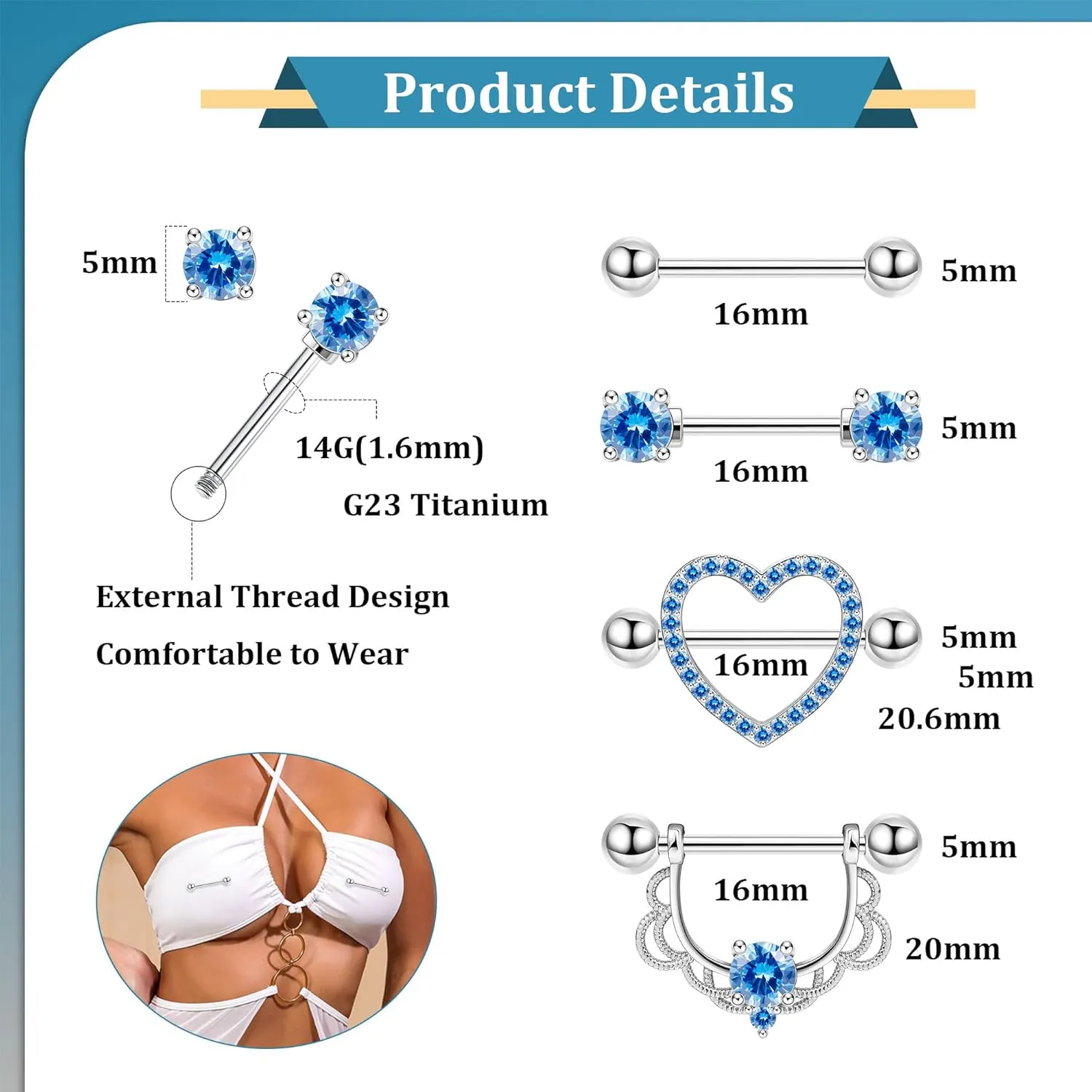 4Pairs 14G G23 Titanium Nipple Rings for Women Heart Flower CZ Barbell Nipplerings Hypoallergenic Cute Nipple Piercing Jewelry