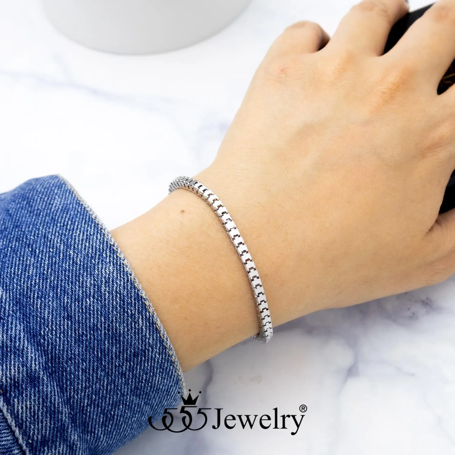 555Jewelry 3MM Square Box Chain Bracelet for Women Solid Bracelets for Women Adjustable Chain Link Bracelet for Women
