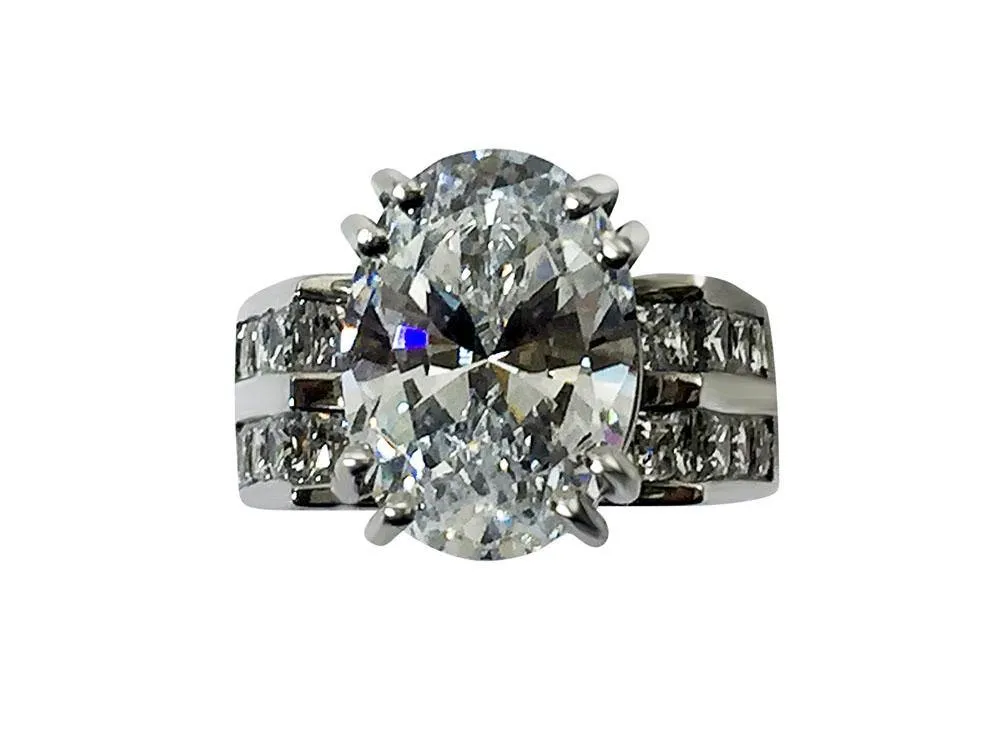 6 Carat Oval 14 by 10 mm High Quality Cubic Zirconia Engagement Ring 14K White Gold