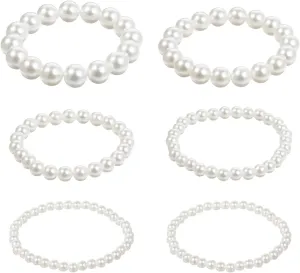 6 PCS Pearl Bracelets for Women, 5 Sizes Boho Pearl Stretch Bracelet Set, White Stackable Pearl Beaded Bracelet for Bridal Wedding Bridesmaid Party Gift Daily Wear