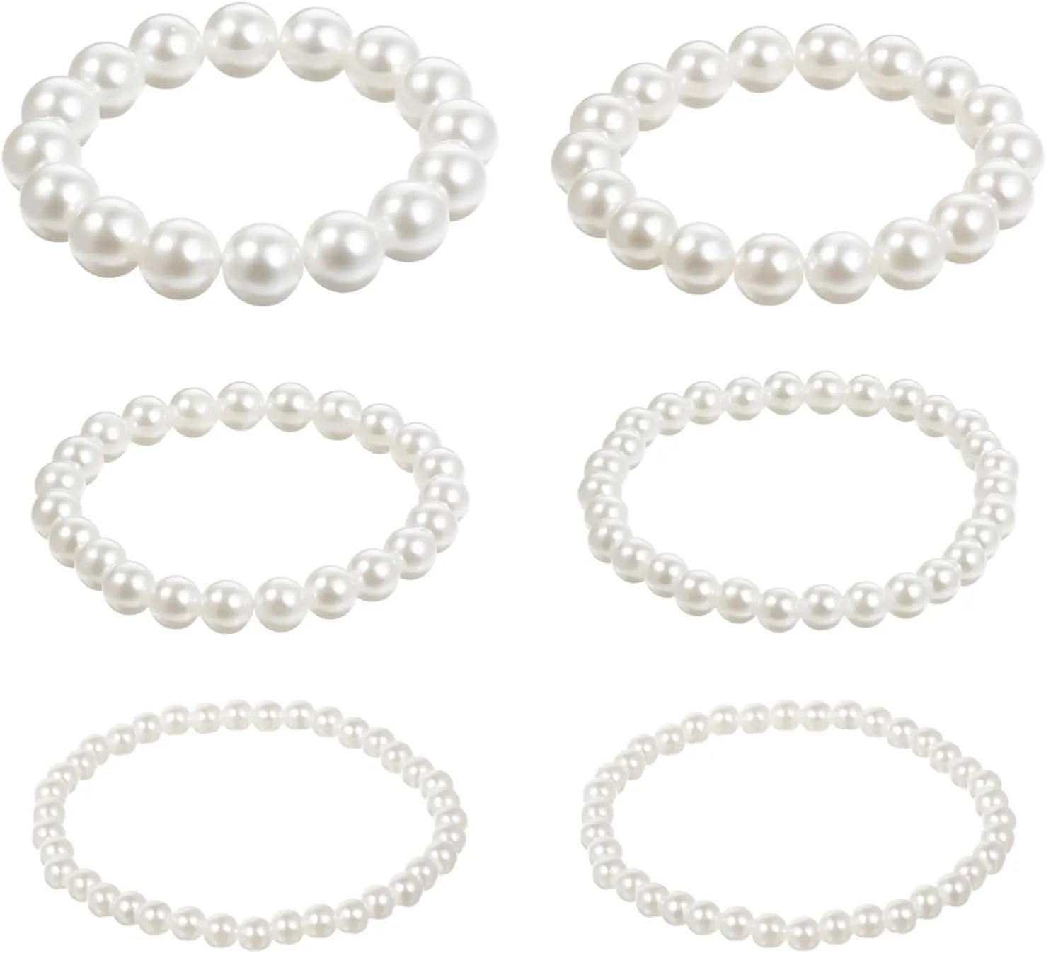 6 PCS Pearl Bracelets for Women, 5 Sizes Boho Pearl Stretch Bracelet Set, White Stackable Pearl Beaded Bracelet for Bridal Wedding Bridesmaid Party Gift Daily Wear
