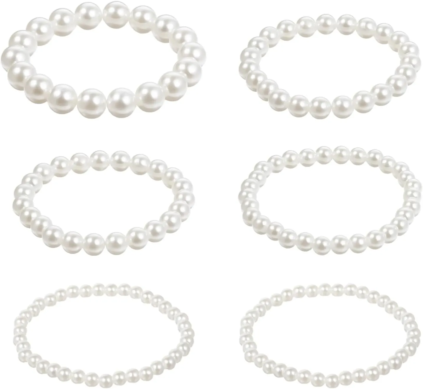 6 PCS White Pearl Bracelets, Elastic Faux Pearl Bracelet Stretch, Stackable Fake Pearls Bead Bracelets Bridesmaid for Women Daily Wear Bridal Wedding Party Gift (10/8/6/5 mm Pearl)