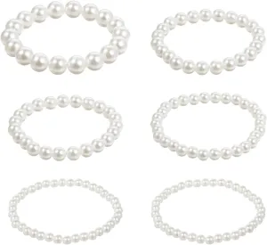 6 PCS White Pearl Bracelets, Elastic Faux Pearl Bracelet Stretch, Stackable Fake Pearls Bead Bracelets Bridesmaid for Women Daily Wear Bridal Wedding Party Gift (10/8/6/5 mm Pearl)