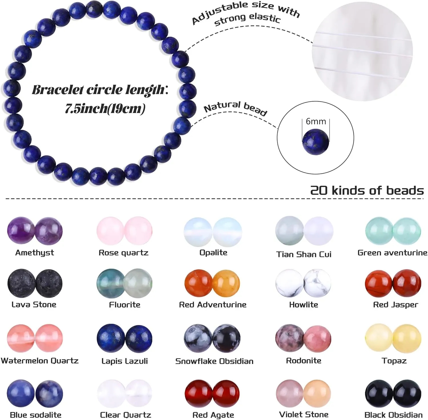 6mm Healing Natural Crystal Bracelet, Round Beads Stones Healing Stretch Bracelets Energy Handmade Crystal Bracelet for Women Men Reiki Chakra Anxiety Birthday Gift