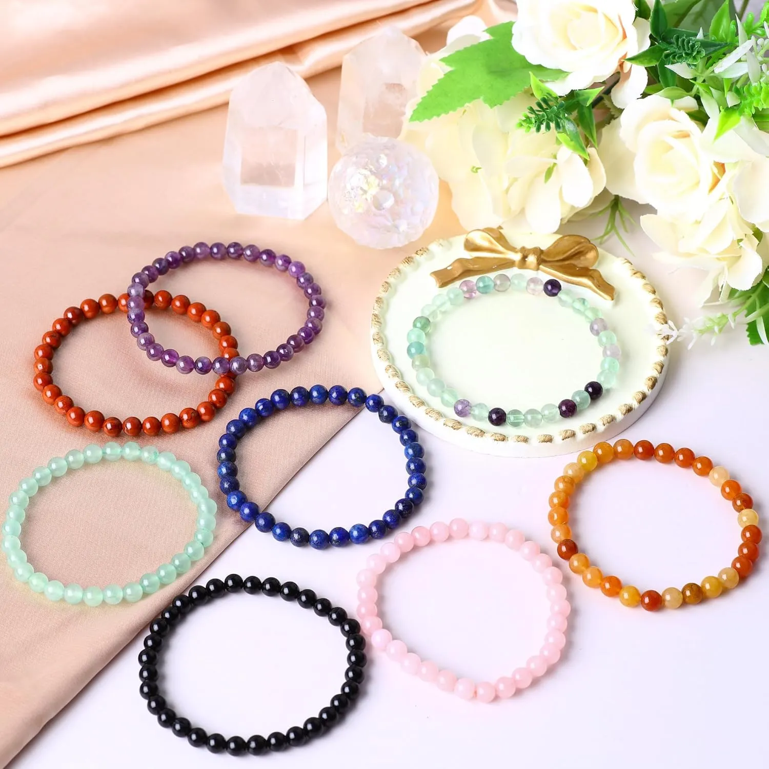 6mm Healing Natural Crystal Bracelet, Round Beads Stones Healing Stretch Bracelets Energy Handmade Crystal Bracelet for Women Men Reiki Chakra Anxiety Birthday Gift