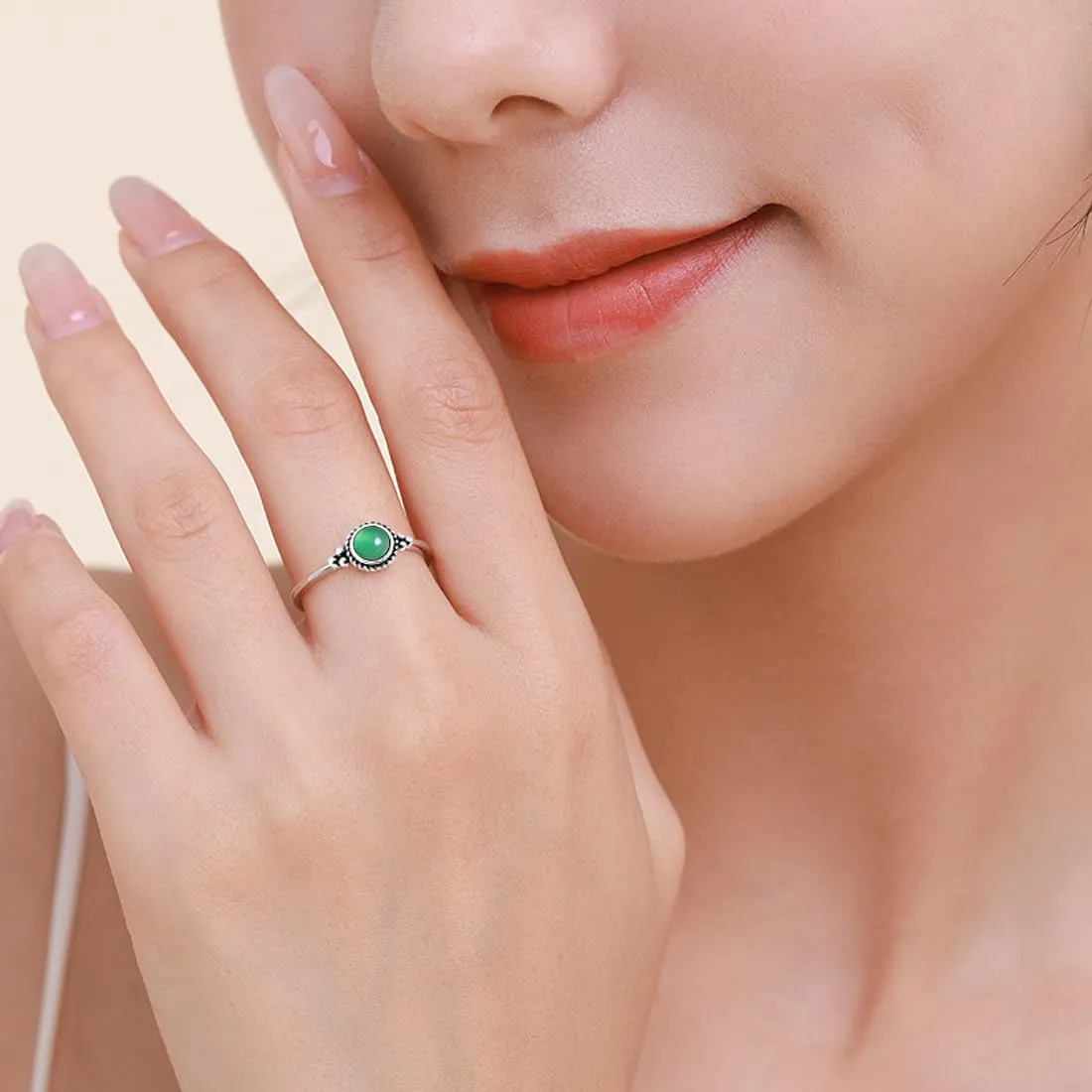 6mm Mini Round Stone Thin Ring,Cute Dainty Tiny Retro S925 Sterling Silver Natural Quartz Crystal Gemstone Ring for Women (A07_Green Agate, 8)