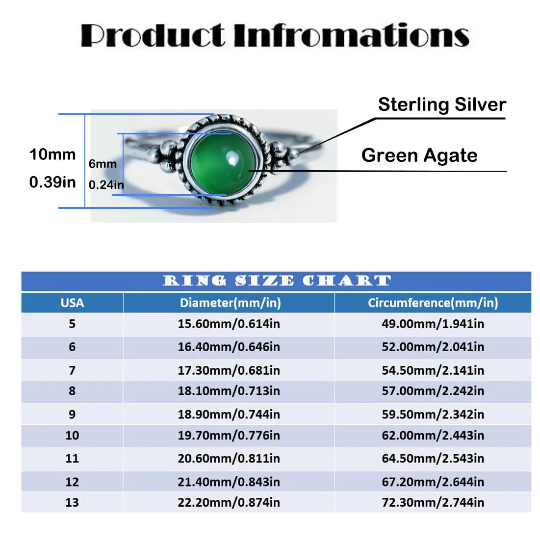 6mm Mini Round Stone Thin Ring,Cute Dainty Tiny Retro S925 Sterling Silver Natural Quartz Crystal Gemstone Ring for Women (A07_Green Agate, 8)