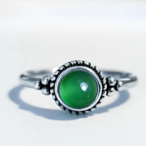 6mm Mini Round Stone Thin Ring,Cute Dainty Tiny Retro S925 Sterling Silver Natural Quartz Crystal Gemstone Ring for Women (A07_Green Agate, 8)